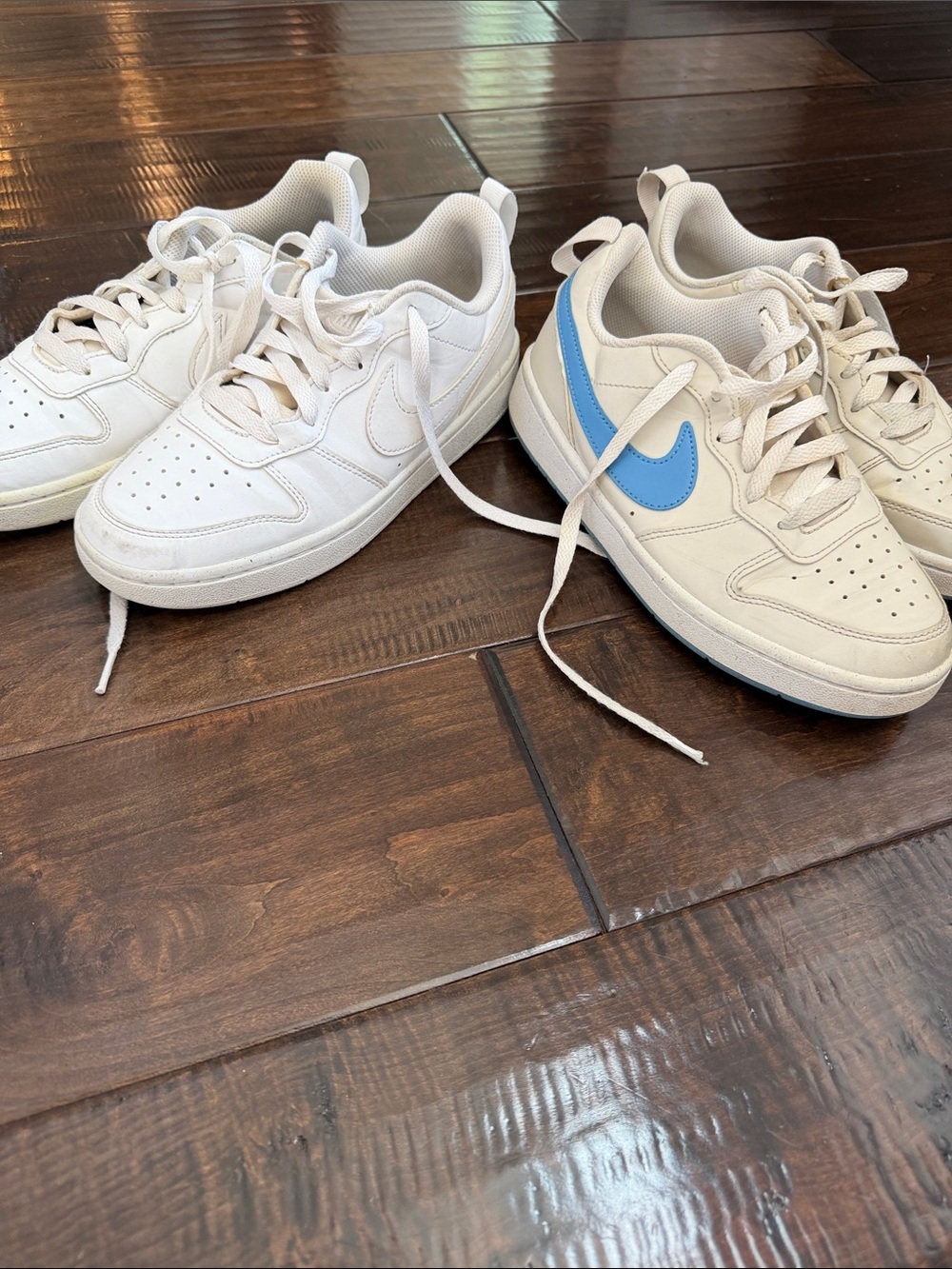 Nike Kids Cream Sneakers with Light Blue Swoosh and plain white Nike boys shoes